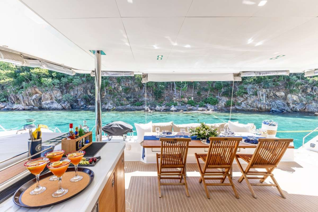 Charter Yacht Olivia Charles Dining on Deck Gourmet Cocktails Blue Seas Charter Yacht Olivia Charles Dining on Deck Gourmet Cocktails Blue Seas