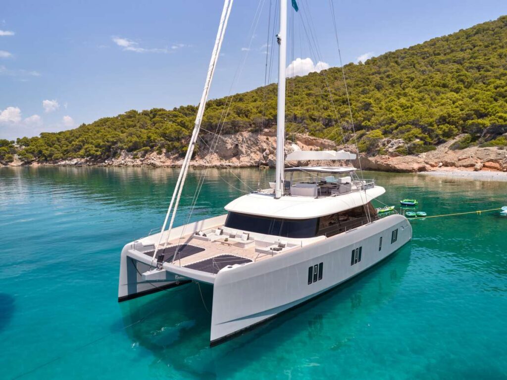 Sunreef 80 luxury catamaran cruising in the Mediterranean.